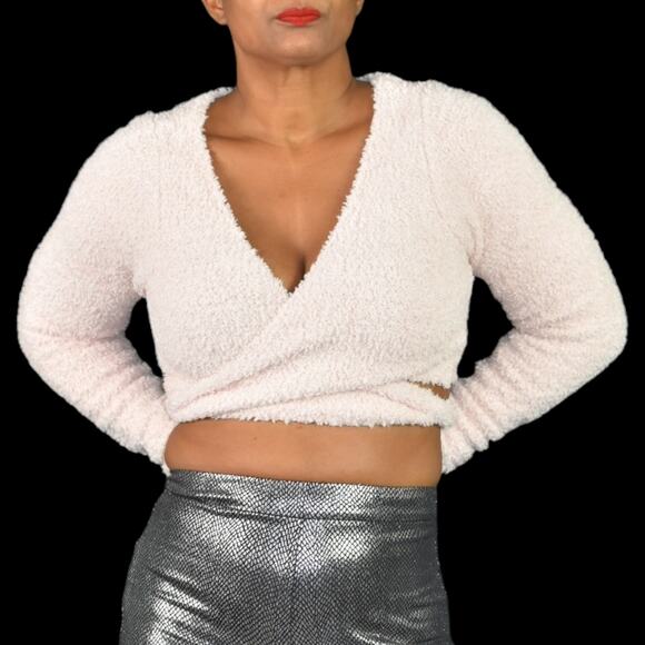 Skims Cozy Knit Wrap Top Pink Ties Cropped Fuzzy Furry Boucle Stretch Large XL - Picture 1 of 15